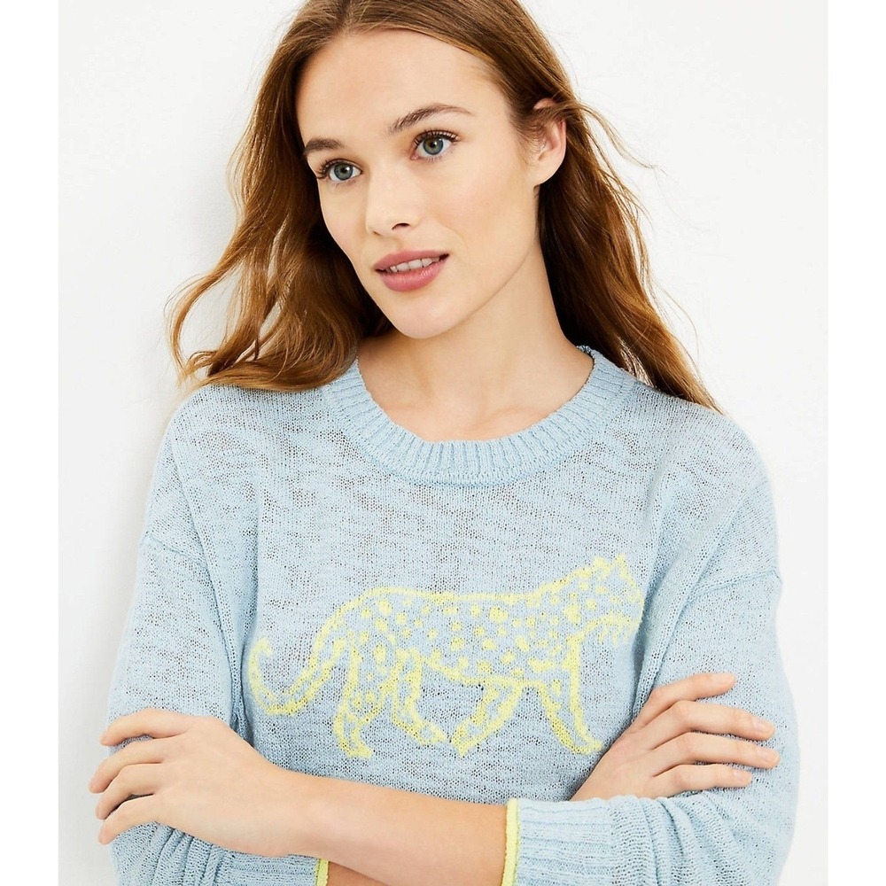 Lou & Grey Womens Light Blue Leopard Knit Sweater Small